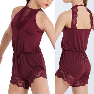 WEISSMAN Dance Costume burgundy Halter Strap Romper With Lace MJ10689 adult SA